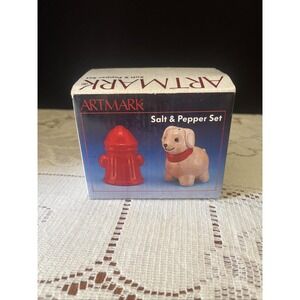 Vintage 90's Artmark Dog And Fire Hydrant Salt And Pepper Shaker NIB